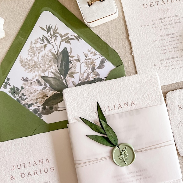 Modern Letterpress Wedding Invitation Suite, Handmade Paper with Vellum, Eucalyptus Leaf & Wax Seal, Emmaline Semi Custom Invitation Deposit