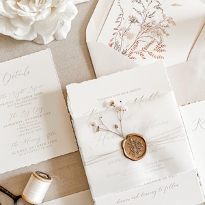 Elegant Baby’s Breath Wedding Invitation Suite w/ Deckled Edge, Vellum & Wax Seal, Traditional Timeless Luxury Invite