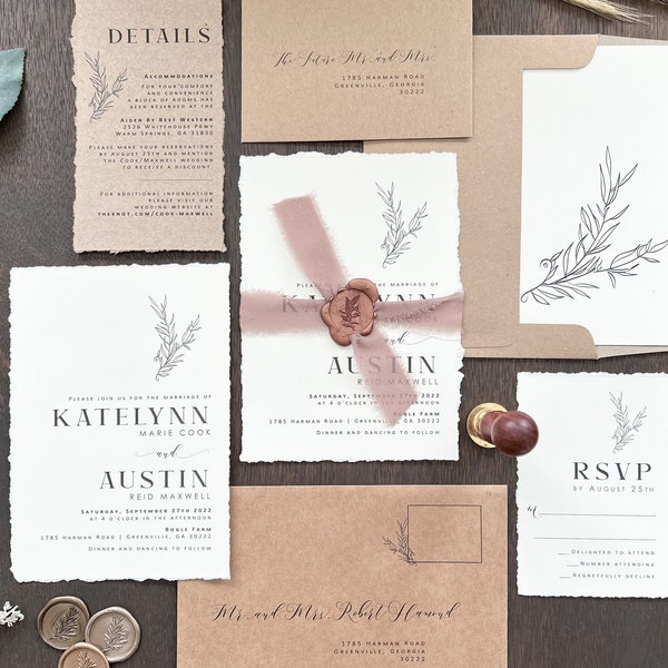 Elegant Boho Wedding Invitation Set w/ Deckled Edge, Copper Wax Seal & Chiffon Ribbon, Printed on Ivory Stock, Natural Wedding Invite