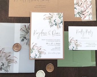 Neutral Boho Wedding Invitation Set w/ Vellum and Wax Seal, Pampas Grass with Desert Florals & Tropical Palm Leaves, Rustic Elegant Flowers