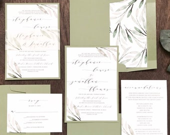 Greenery Wedding Invitation Set with Botanical Olive Eucalyptus Sage Green Leaves & Personalized Vellum Bellyband, Traditional Style Invite