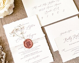 Elegant Baby’s Breath Wedding Invitation Set w/ Deckled Edge, Khaki thread & Copper Wax Seal, Traditional Minimal Bohemian Trendy Invite