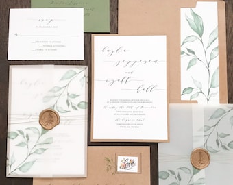 Vellum Wedding Invitation Set with Wax Seal and Printed Eucalyptus Greenery, Rustic Elegant Invite, Romantic Modern Calligraphy & Thread Wra