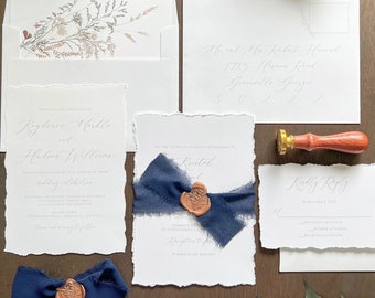 Navy Blue and Copper Wedding Invitation Set w/ Deckled Edge, Wax Seal & Chiffon Ribbon, Printed on White Stock, Formal Wedding Invite