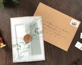 Vellum Wedding Invitation Set with Wax Seal and Printed Greenery, Rustic Elegant Invite, Modern Calligraphy with Thread and Vellum Wrap