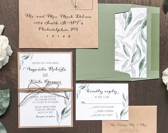 Greenery Wedding Invitation Set with Rustic Kraft Backing & Twine, Boho Botanical Eucalyptus Olive Leaves, Garden or Barn Wedding Invite