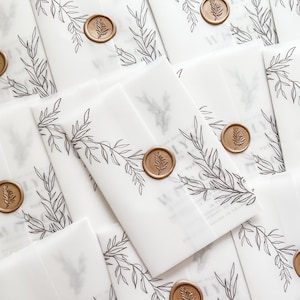 Contemporary Wedding Invitation Set with Deckled Edge, Botanical Vellum Wrap and Gold Wax Seal, Simple Elegant Boho Wedding Invite