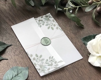 Vellum Jacket with Printed Greenery, Vellum Wrap for 5x7 Wedding Invitations, Vellum Paper for DIY Invitations, DIY Invites, Printed Vellum