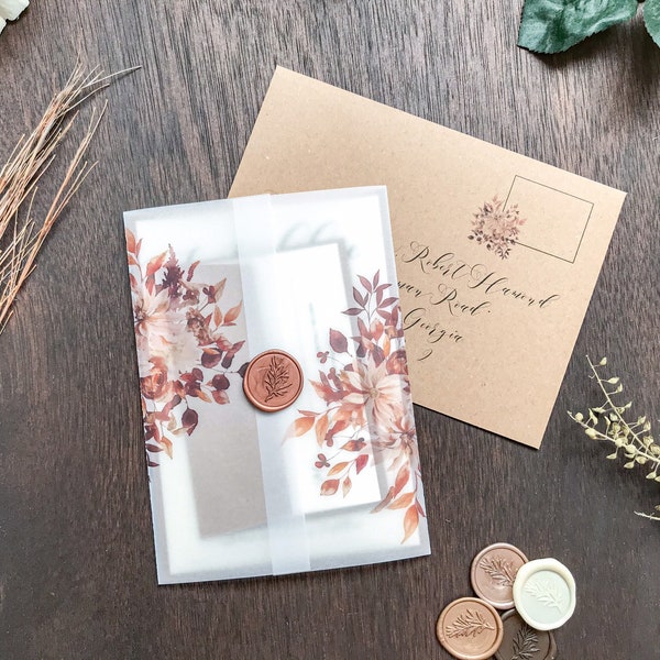 Fall Vellum Jacket with Rust Colored Leaves, Autumn Florals, Vellum Wrap for 5 x 7 Wedding Invitation, Vellum Paper for DIY Invite, Printed