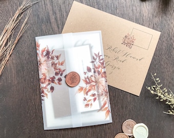 Fall Vellum Jacket with Rust Colored Leaves, Autumn Florals, Vellum Wrap for 5 x 7 Wedding Invitation, Vellum Paper for DIY Invite, Printed