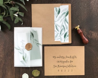 Vellum Wedding Invitation Set with Wax Seal, Rustic Elegant Greenery, Deckled Edge, Hand Torn, Rough Edge, Torn Edge, Calligrapghy, Vintage