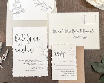 Baby’s Breath Deckled Edge Wedding Invitation Set w/ Cute Modern Elegant Calligraphy Font and Hand Torn Edges Printed on Ivory Gypsophila