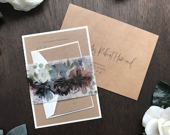 Rustic Fall Winter Wedding Invitation Set Printed on Kraft w/ Navy Dusty Blue Burgundy Blush Flowers & Greenery on a Vellum Bellyband Wrap