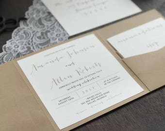 Calligraphy Wedding Invitation Set, Rustic Wedding Invitation, Lace Wedding Invitation, Elegant Wedding Invitation, Pocket Wedding Invitatio