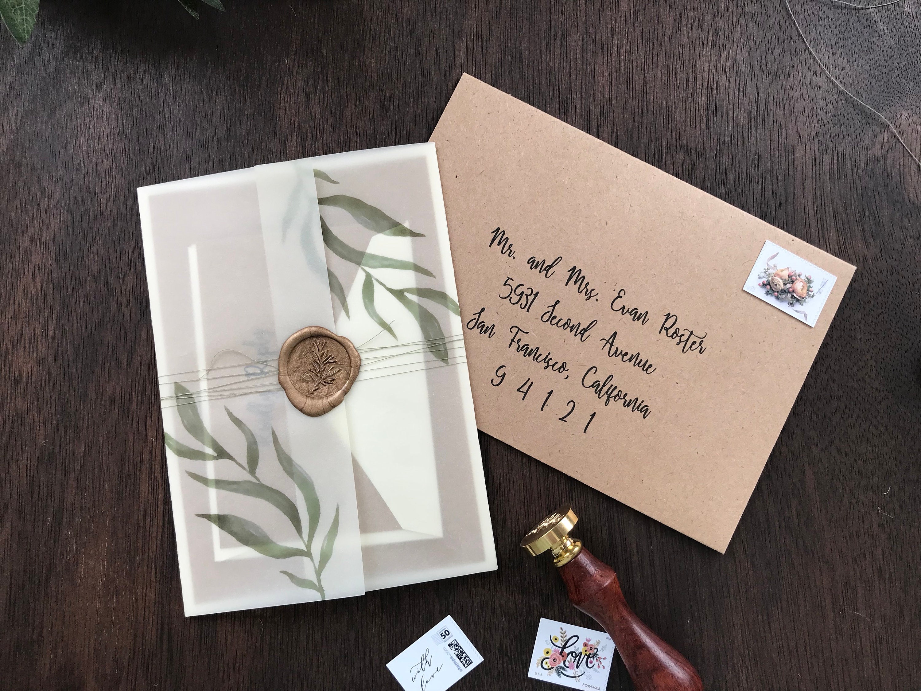 Green Gold Gold Wax Seal /& Vellum Wedding Invitation Suite Customized Wedding Invitations Green Leaves and Vellum Gatefold Jacket