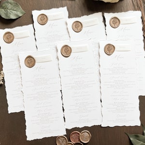 Wedding Menu Card with Place Card Combo, Vellum Name Tag and Wax Seal, Hand Torn Deckled Edge, Elegant Calligraphy Menu Cards with Names