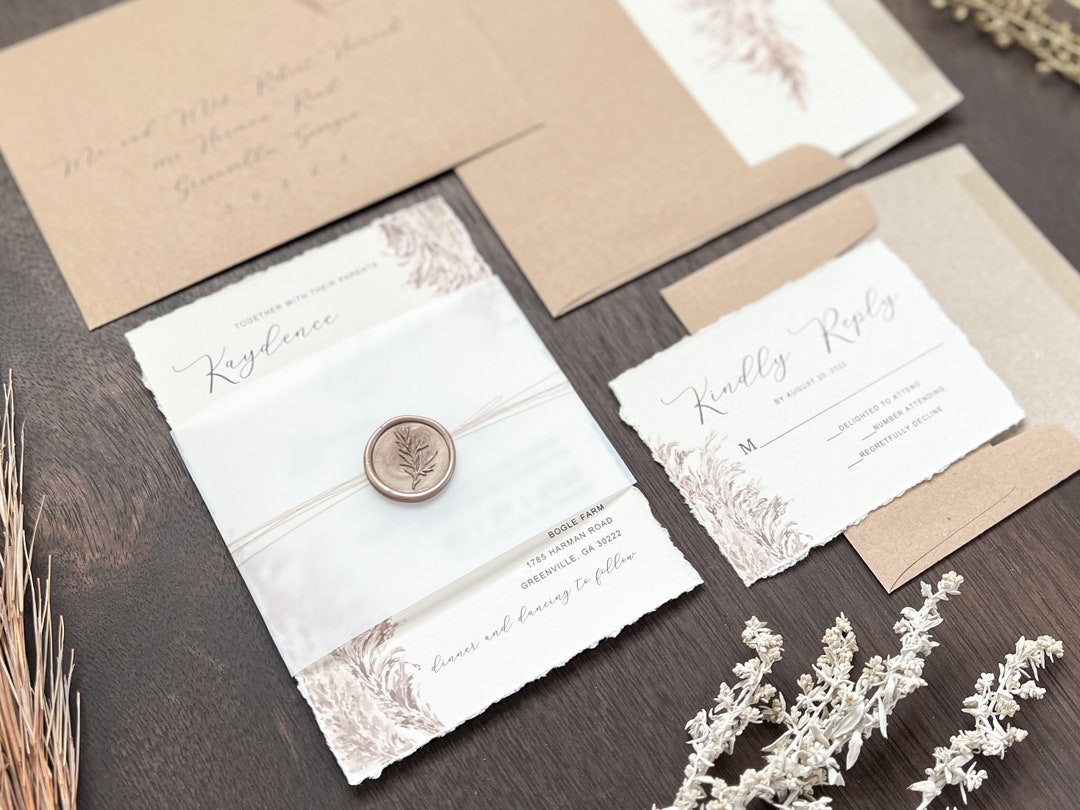 Pampas Grass Wedding Invitation Set With Deckled Edge Vellum Etsy