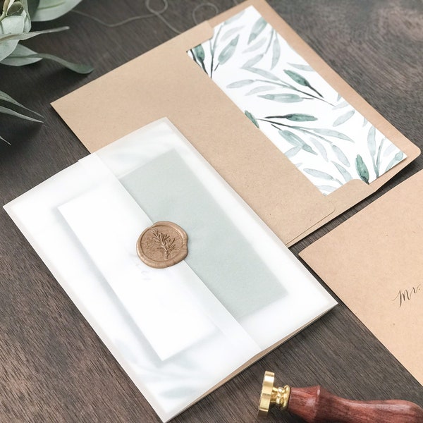 Sage Olive Greenery Wedding Invitation Set with Vellum Wrap & Anitque Gold Wax Seal, Rustic Elegant Invite with Romantic Calligraphy