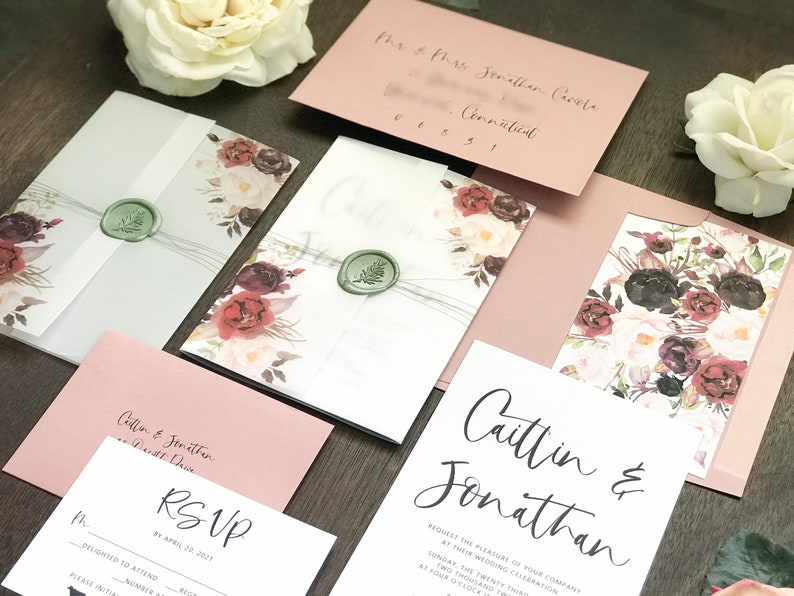 Burgundy Plum Blush Wedding Invitation Set with Wax Seal, Printed on Vellum Wrap w Watercolor Florals, Elegant Bohemian Invite, Summer Fall image 6