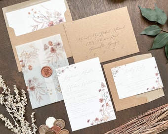 Wildflower Boho Wedding Invitation Set w/ Vellum & Copper Wax Seal, Bohemian Colored Leaves, Rustic Flowers and Greenery