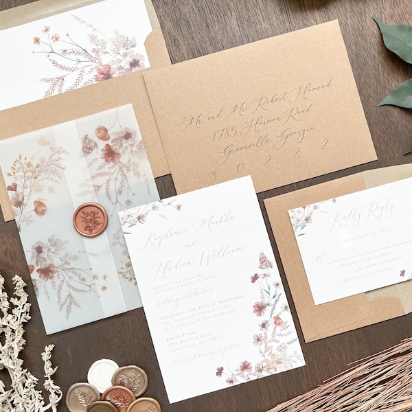 Wildflower Boho Wedding Invitation Set w/ Vellum & Copper Wax Seal, Bohemian Colored Leaves, Rustic Flowers and Greenery