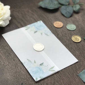Dusty Blue Floral Vellum Jacket, Vellum Wrap for 5 x 7 Wedding Invitations, Vellum Paper for DIY Invitations, DIY Invite, Printed, Baby Blue