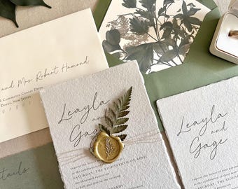 Fern Letterpress Wedding Invitation Suite on Handmade Paper with Dried Fern Leaf and Wax Seal - Josephine Semi Custom Invitation Deposit