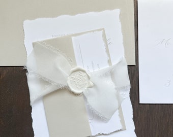 Elegant Vintage Wedding Invitation Set w/ Deckled Edge, Wax Seal & White Chiffon Ribbon, Printed on White Stock, Formal Wedding Invite