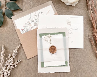 Elegant Wedding Invitation Set with Baby’s Breath, Vellum Belly Band & Wax Seal, Deckled Edge Vintage Green Style Invite, QR code RSVP