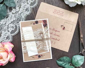Rustic Winter or Fall Wedding Invitation with Ivory Lace Wrap & Twine, Burgundy Plum Red and Blush Peonies Rose Flowers, Printed on Kraft