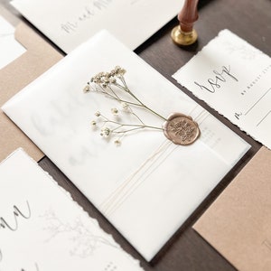 Baby’s Breath Wedding Invitation Set Printed on Deckled Edge Ivory with Vellum Wrap Jacket & Wax Seal, Formal Elegant Unique Boho Invite