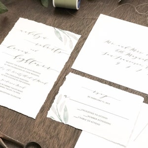 Deckled Edge Wedding Invitation Set, Hand Torn Edges, Torn Edge with Watercolor Greenery, Elegant Romantic, Modern Calligraphy Invite image 5