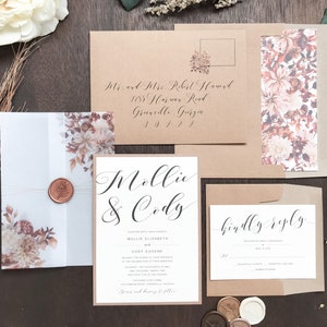 Fall Boho Wedding Invitation Set w/ Vellum and Copper Wax Seal, Rust Leaves & Neutral Florals, Rustic Style, Elegant Bohemian Wedding Invite