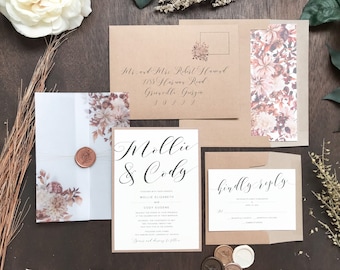 Fall Boho Wedding Invitation Set w/ Vellum and Copper Wax Seal, Rust Leaves & Neutral Florals, Rustic Style, Elegant Bohemian Wedding Invite