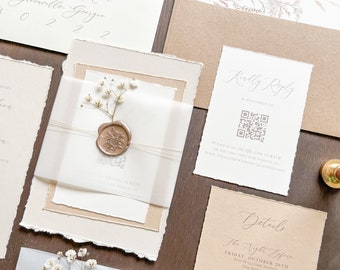 Elegant Wedding Invitation Set with Baby’s Breath, Vellum Belly Band & Wax Seal, Deckled Edge Vintage Rustic Style Invite, QR code RSVP