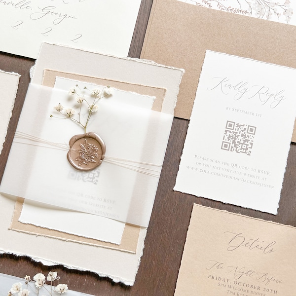 Elegant Wedding Invitation Set with Baby’s Breath, Vellum Belly Band & Wax Seal, Deckled Edge Vintage Rustic Style Invite, QR code RSVP