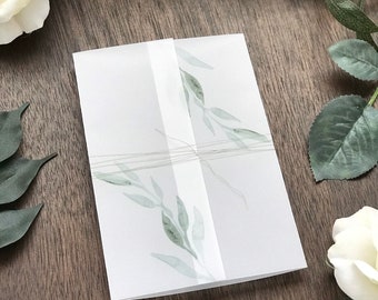 Vellum Jacket Printed Watercolor Greenery, Vellum Wrap for 5 x 7 Wedding Invitation, Vellum Paper for DIY Invitation, Eucalyptus DIY Invite