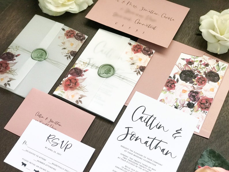 Burgundy Plum Blush Wedding Invitation Set with Wax Seal, Printed on Vellum Wrap w Watercolor Florals, Elegant Bohemian Invite, Summer Fall image 7