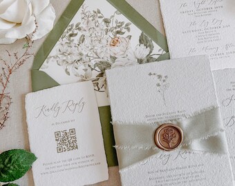 Sage Green Letterpress Wedding Invitation Suite on Handmade Paper Wrapped in Ribbon with Wax Seal - Betty Lee Semi Custom Invitation Deposit