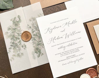 Eucalyptus Vellum Wedding Invitation Set w/ Antique Gold Wax Seal and Printed Greenery, Formal Elegant Invite, Romantic Modern Calligraphy