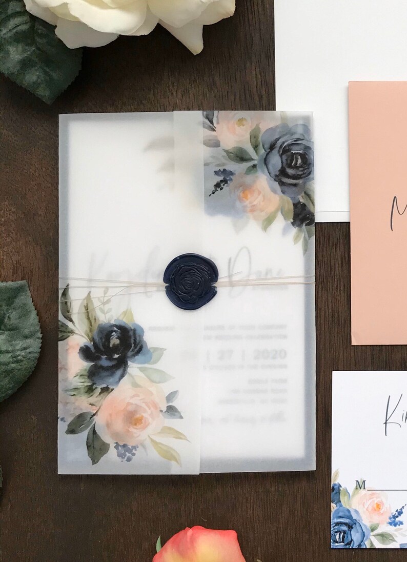 Blush and Navy Floral Vellum Jacket Vellum Wrap for 5 X 7 Etsy