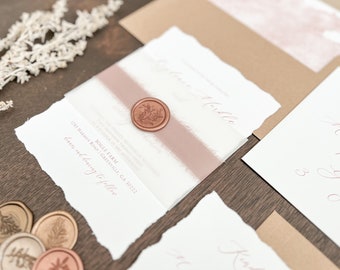 Copper Wedding Invitation Set w/ Deckled Edge, Vellum, Dark Nude Chiffon Ribbon & Wax Seal, Natural Warm Vintage Stye Invite