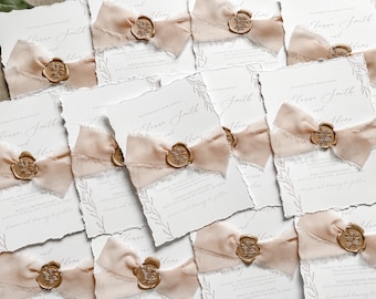 Neutral Deckled Edge Wedding Invitation Set w/ Antique Gold Wax Seal & Light Brown Chiffon Ribbon, Printed on White, Vintage Elegant Invite