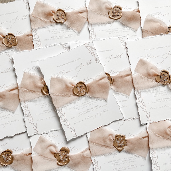 Neutral Deckled Edge Wedding Invitation Set w/ Antique Gold Wax Seal & Light Brown Chiffon Ribbon, Printed on White, Vintage Elegant Invite