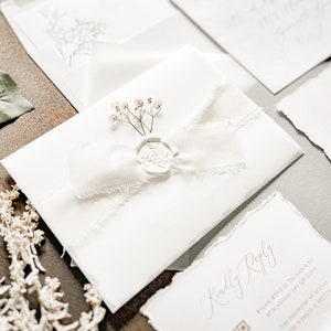White Deckled Edge Wedding Invitation Set w/ Vellum, Wax Seal, White Chiffon Ribbon & Baby’s Breath, Unique Elegant Formal Invite