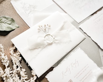 White Deckled Edge Wedding Invitation Set w/ Vellum, Wax Seal, White Chiffon Ribbon & Baby’s Breath, Unique Elegant Formal Invite