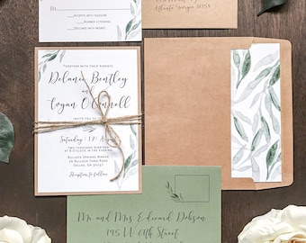 Rustic Greenery Wedding Invitation with Jute Twine and Kraft Backer, Watercolor Eucalyptus Olive Leaf Garden Invite