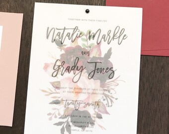 Burgundy Floral Wedding Invitation Set with Vellum Cover, Maroon Blush Plum Greenery, Elegant Modern Boho Wedding Invite, Vellum Overlay