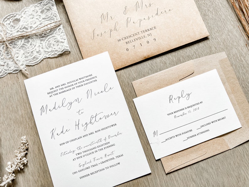 Lace Wedding Invitation Set with Lace Bellyband & Twine Wrap, Modern Elegant Rustic Style Invite, Formal Traditional Classic Wedding Suite image 8