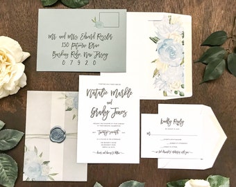 Dusty Blue Vellum Wedding Invitation Set with Wax Seal White Floral & Sage Greenery, Elegant Wedding Invitation, Boho Wedding Invite